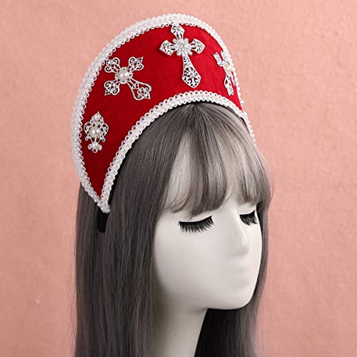 COSDREAMER Women Cross Tudor Renaissance Headdress Royal French Hood Coronet Headdress (Win red) - Image 3