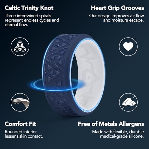 King Will Silicone Wedding Rings For Men, 4 Pack Rubber Wedding Bands with Celtic Knot Pattern, 8mm Wide 2.2mm Thick, Comfort Fit Size 134