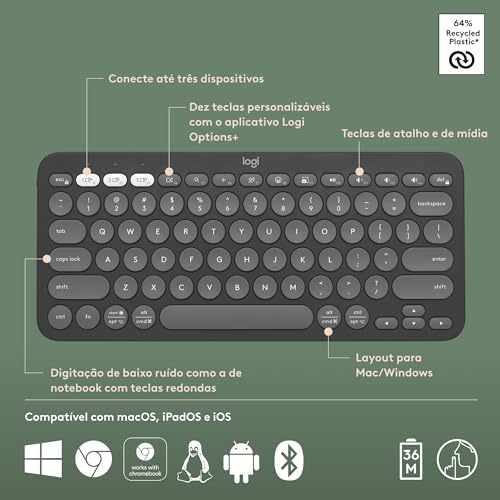 Teclado sem fio Logitech Pebble Keys 2 K380s com Conexão Bluetooth Easy-Switch e Pilha Inclusa - Compatível com PC, Mac, Chro