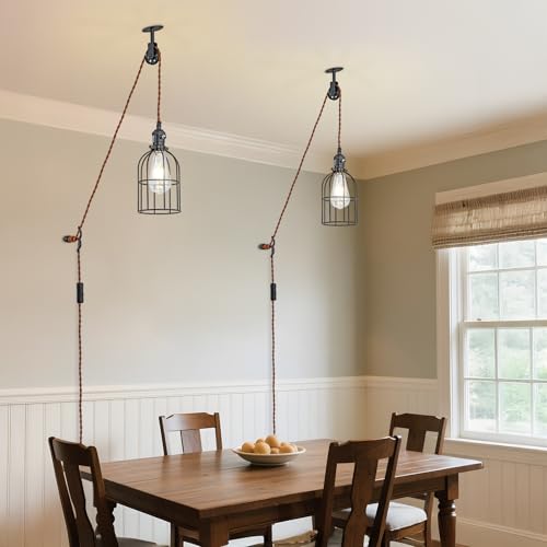 Image of Plug in Pendant Light Set of 2,Industrial Hanging Lamps that Plug into Wall Outlet,Farmhouse Pulley Pendant Light with Plug in Cord, Wall Lamps for Bedroom Living Room Kitchen.