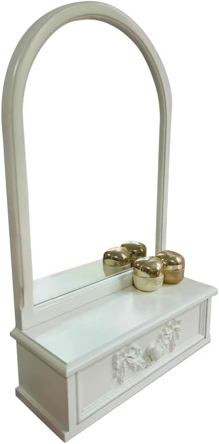 French Style Solid Wooden Vanity Makeup Mirror for Desk with Bow-Carved Drawer,Stand-Aesthetic Table top for Bedroom,Living Room and Minimal Spaces Room Decor (White)