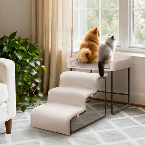 Dog Window Perch with Stairs Pet Steps for Small Dogs &Cat Pet Bunk Bed Dog Steps with Seat Elevated Platform Bed Indoor Dogs Ramp Ladder with Foam Upholstery
