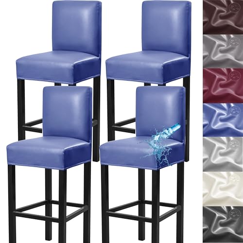 Bar Stool Covers,4 Pack Stretch Waterproof PU Bar Stool Covers with Backs Removable Bar Stool Chair Covers Basrstool Covers Slipcovers with Back Pub Counter Chair Covers with Elastic Bands Blue