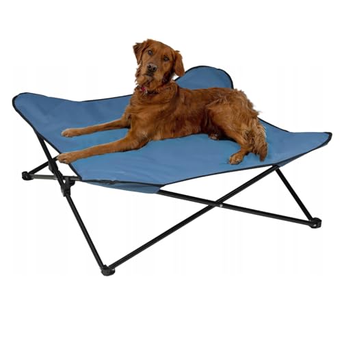 idooka Raised Dog Bed w/Bag - Foldable Camping Cot With Steel Legs & Removable Waterproof Cover - Orthopedic for Senior/Arthritic Dogs up to 35kg - Portable (Blue)
