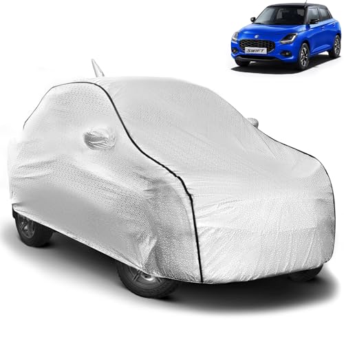 Image of Pivalo Car Cover for Maruti Swift All Model & Years (2005-2024) 100% Waterproof with Mirror & Antenna Pocket Triple Stitched Bottom Elastic Dustproof Full Body Protection (Heat & UV Resistant, Silver)