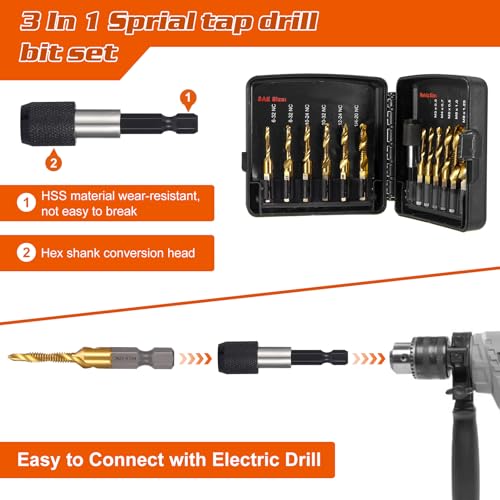 OCR 13PCS Titanium Drill Tap Set, HSS SAE & Metric Drill and Tap Bits with Quick Change Adapter, 3-in-1 Tool for Drilling, Tapping, Countersinking for Metalworking (Black) by OCR - Used condition - Image 3