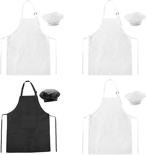 4 piezas de sombrero y delantal de chef para niños, delantales de cocina para niños incluyen 3 delantales blancos y 1 negro con sus sombreros,