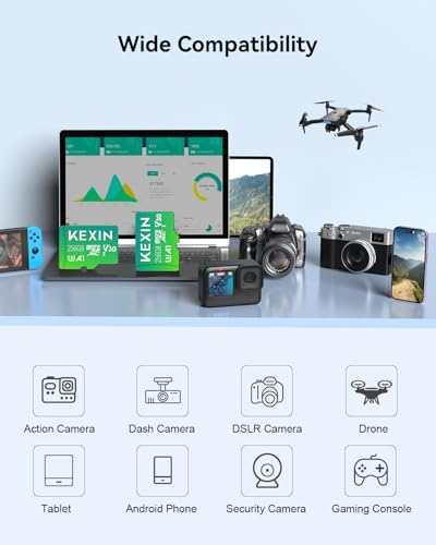 Image of KEXIN 256GB Micro SD Card with SD Adapter, microSDXC UHS-I U3 V30 A1 Memory Card, 95MB /s Read 40MB /s Write, 4K /8K UHD High Speed TF Card for GoPro, DSLR Camera, Drone, Android Phone (1 Pack)