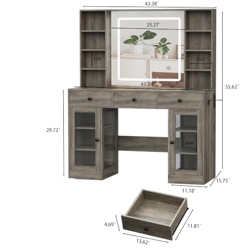 Image of Grey Vanity Desk with Mirror and Lights, Glass Top Vanity with Lighted Mirror & RGB Cabinet and 3 Drawers, Dressing Table with 8 Shelves, Makeup Desk with Lights for Girls Bedroom, 3 Color Modes