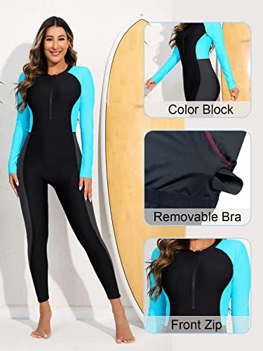 Womens Full Body Zip Front Rash Guard Long Sleeve One Piece Bathing Suit with Built in Bra UPF50+ Surf Swimsuit3
