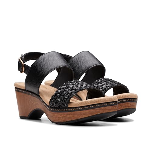 Clarks Clarks Collection Women's Seannah Step Wedge Sandal, Black Leather, 8 Medium US