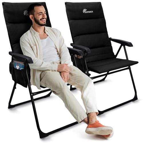 SUNMER Luxury Padded High Back Camping Recliner Chair- 5 Position Reclining Folding Deck Garden Fishing Chair - Set of 2, Black