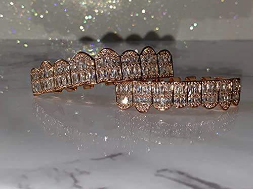 14K Rose Gold Baguette Joker Pink Grillz For Mouth Top Bottom Hip Hop Teeth Grills For Teeth Mouth Grillz For Mouth Top Bottom Hip Hop 8 Teeth Prong Set Cz Diamonds Grills For Tooth #TOP5