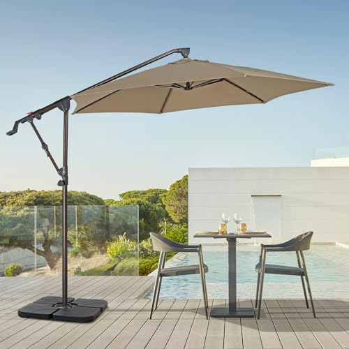 COBANA 10ft Offset Patio Umbrella with Base Included, Hanging Outdoor Umbrella with Water Sand Filled Umbrella Stand Weights, Beige