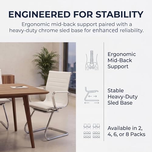 Image of Conference Room Chairs Set of 4, Waiting Room Chairs with Arms, Faux Leather Reception Chairs No Wheels, Office Guest Chairs with Mid Back Support and Chrome Sled Base, WhiteWhite