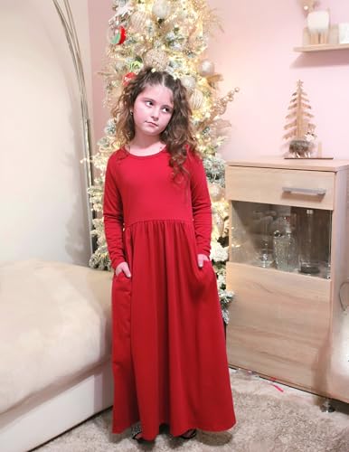 Image of Arshiner Girls Maxi Dress Long /Short Sleeve Casual Holiday Dress with Pockets for 5-13 Years