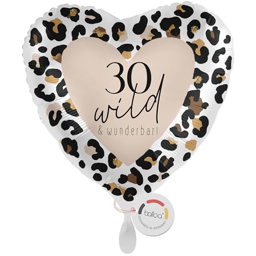 balloa Folienballon zum 30. Geburtstag Leo Design Herzballon mit Zahl 30 Helium Ballon Luftballon für Partydeko Geschenk zum Geburtstag für Frauen Leoprint 33cm