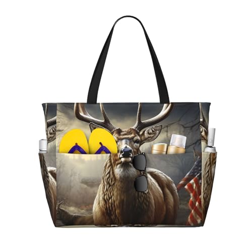 Beach Bags For Women Large Waterproof Sandproof Beach Tote Bag Lightweight Zipper Carry On Bag Deer Hunting Season Pool Bag For Gym Travel Vocation
