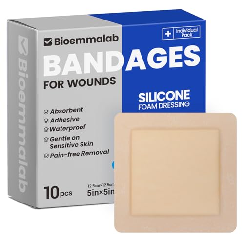 Image of Large Waterproof Bandages 5x5 Silicone Foam Dressing Sensitive Skin, 10 PCS | Bioemmalab Wound Dressing, Adhesive Cohesive Pad with Border, First Aid, Post Surgical and Burn, Pressure, Scar Healing