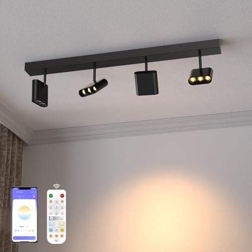 4 Light Heads Track Lighting Kit, Modern LED Track Lighting Fixtures Ceiling, Rotatable Light Heads with CCT & Brightness Dimming, Dimmable Ceiling Spot Lights for Kitchen, Living Room with Remote
