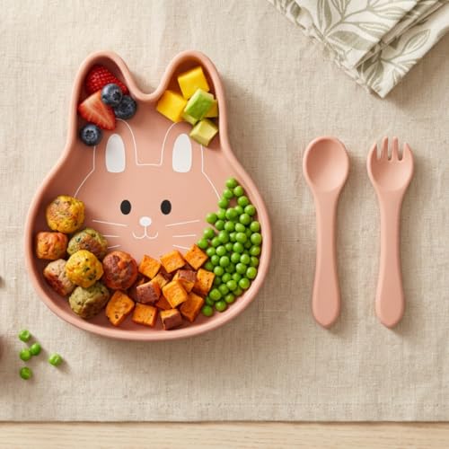 Image of TIGGY & BONNET Rabbit 2 Pcs Silicone Baby Feeding Set for Baby Bpa-Free | Microwave Safe, Anti-Slip Base | Tableware Kit for Babies & Toddlers with Suction Plate & Spoon