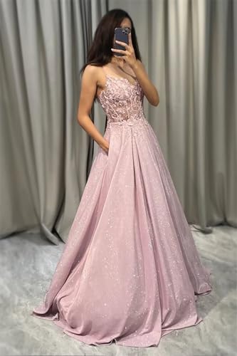 Fair Lady Sparkly Sequin Prom Dress for Women Lace Appliques Spaghetti Straps V Neck Formal Evening Party Gown with Slit2