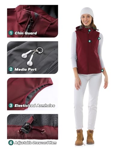 Outdoor Ventures Damen Softshell Westen mit Kapuze Leichte Fleece Gefütterte Ärmellose Jacke Wasserdichte Winddichte Weste Vest mit Zip up-Taschen Dunkelrot S