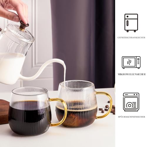 GLASKEY Kaffeegläser Set 2er,Latte Macchiato Gläser, 370 ml Teegläser mit Henkel,Spülmaschinengeeignet,Geeignet für Cappuccino,Latte,Heiß-/kalte Getränke – Bild 3