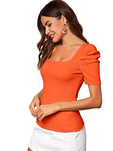 Wdirara Women's Puff Sleeve Square Neck Short Sleeve Elegant Tee Top Bright Orange M #TOP3
