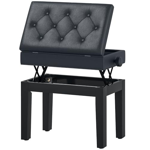 HOMCOM Banc de Piano, Banc de Clavier réglable en Hauteur en Bois Massif, Tabouret Piano avec Compartiment caché, siège rembourré polyuréthane à 10 Boutons, Stable et antidérapant, Charge 200kg, Noir