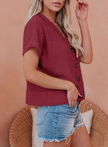 Image of Dokotoo Womens Summer Tops 2026 Waffle Knit Button Down Shirts | Trendy,V Neck,Loose Fit,Jacket,Short Sleeve,Summer Cardigan,Cropped,Shacket,Going Out Outfits,Dressy