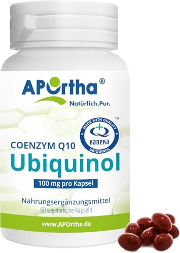 APOrtha Kaneka Ubiquinol Coenzym Q10 100 mg 60 vegetarische Kapseln, CoQ10 Kapseln hochdosiert 100mg, Hohe Bioverfügbarkeit durch bioaktives Ubiquinol, 2-fach Patentierter Rohstoff
