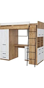 FurnitureByJDM High Sleeper Bed With Desk And Wardrobe U2013 Space Saving Loft Bed For Kids (110x204 Cm) Mattress Size 80x200 Cm U2013 Right Side Ladder U2013 SMYK (White/Lavender