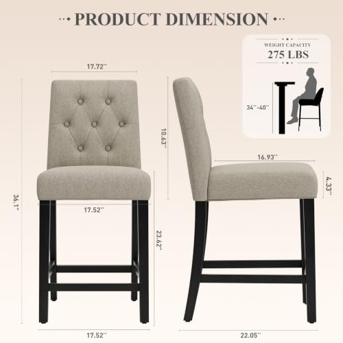 Image of MALOL Bar Stools Set of 2, Fabric Counter Height Bar Stools, Camel