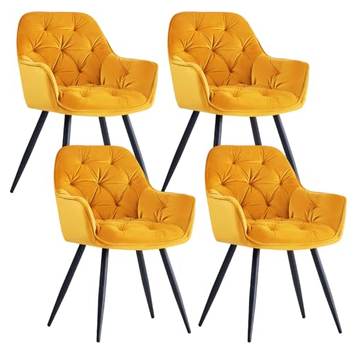 Image of ZOONFA Upholstered Velvet Dining Chairs Set of 4 Kitchen Chairs with Think Padded High Back Armchairs with Black Metal Legs Accent Chair for Lounge Living Room (Yellow)