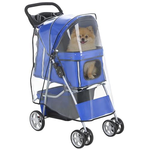 PawHut Passeggino per Cani Pieghevole, Carrozzina per Animali con Copertura Antipioggia, Catarifrangenti, Ruote Girevoli a 360°, Freni e Cuscino Lavabile, Blu