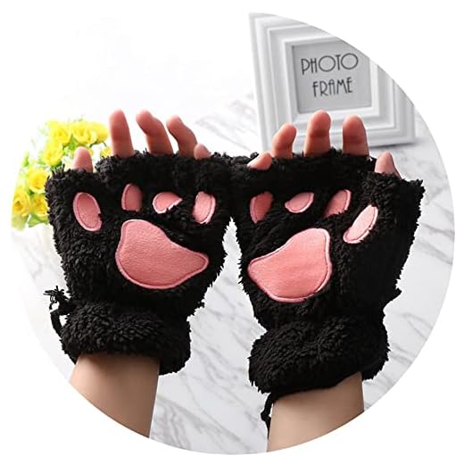 ZLKZZQ 2   Paar Frauen Mädchen Schöne Winter Warme Fingerlose Handschuhe Flauschige Bär Katze Plüsch Pfote Klaue Halbfinger Handschuhe Fäustlinge  -Black-One Size