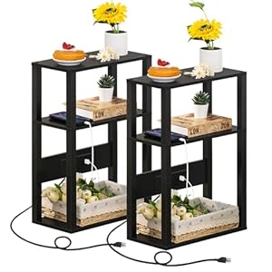 3-Tier Small Narrow Wood Side Table Set of 2 with Charging Station – Skinny Nightstand for Small Spaces, Slim Bedside Table with USB Ports and Outlets – Thin End Table with Storage, Black