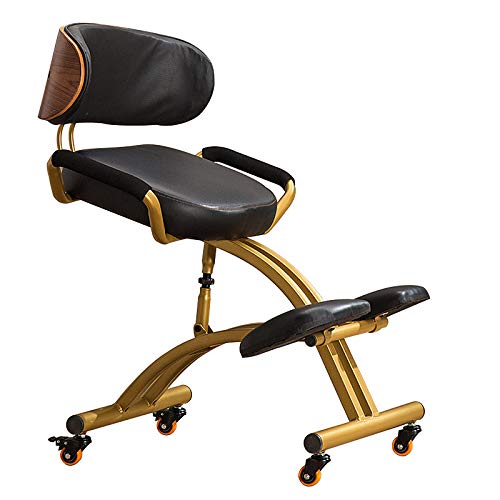 Ergonomic Kneeling Chair with Back Support, Adjustable Rolling Stool for Home Office with Faux Leather Thick Knees Cushions for Posture Corrective, Gold/Black