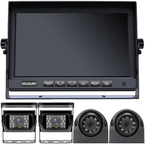 RV Backup Camera System with 7'' Quad Split 1080P Monitor for Truck Trailer Semi Camper Bus & 4 AHD Rear Side View Camera with DVR Record Function IP69 Waterproof Night Vision Avoid Blind Spot DOUXURY