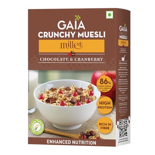 Image of Gaia Crunchy Millet Muesli Chocolate & Cranberry | High in Dietary Fibre | Low Sugar| Zero Trans-Fat | Zero Cholesterol | rich source of omega 3 fatty acids 400G
