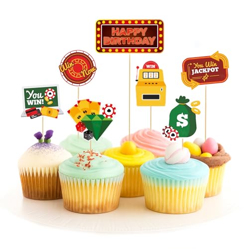 Image of Just Party Casino Theme Happy Birthday Cake Topper & Birthday Props for Kids | Vegas Style Cake Toppers for Cake Decoration & Photo Props / Muffin Toppers | Set of 6 Props + 1 Topper