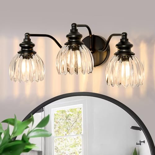 Image of Piepooye Modern Bathroom Light Fixtures 3 Lights Black Vanity Light with Glass LampShade E26 Bulb Indoor Vanity Light Over Mirror for Bedroom Farmhouse Kitchen