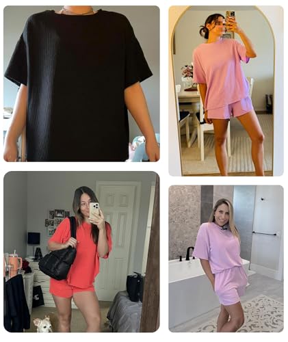 Image of MARZXIN Women 2 Piece Shorts Set 2026 Casual Summer Cruise Outfits Ribbed Loose Short Sleeve Pocket Matching Lounge Sets