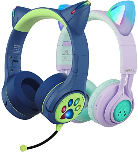 Kids Bluetooth Headphones, 2 Packs Cat Ear Headphones With Led Light, Boom Mic&Built-In Mic For Calls, 85Db Volume Limited Kids Headphones Wireless&Wired For School Tablet Pc Phones (Purple&Blue) #TOP9
