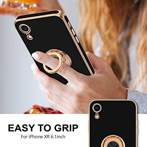 Hython Case For Iphone Xr Case Ring Stand [360° Rotatable Ring Holder Magnetic Kickstand] Shiny Plating Rose Gold Edge Soft Tpu Bumper Cover Shockproof Protective Phone Cases Iphone Xr 6.1-Inch, Black #TOP1