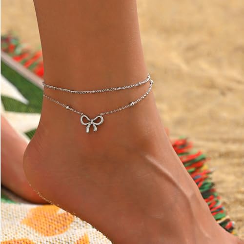 Image of NONAMOIS 18K Gold Plated Diamond Ankle Bracelets for Women Waterproof Gold CZ Pearl Bow Link Chain Anklets Non Tarnish Summer Beach Foot Jewelry Gifts