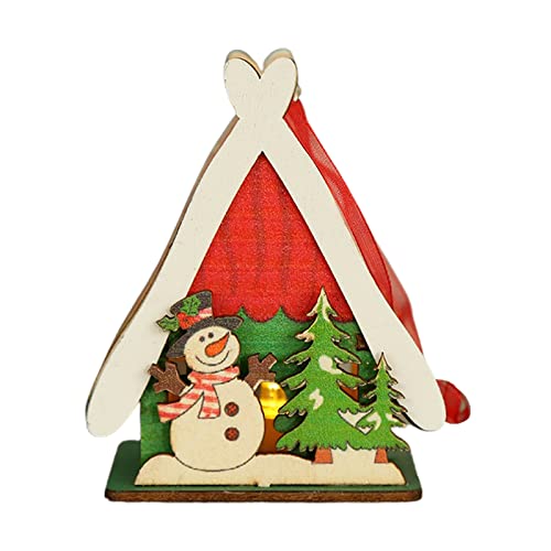 Tissting Christmas Wooden House Decor, 8 Inch Colorful Light Up Cabin Holiday Village Display with LED for Tabletop Mantel Christmas Decorations (C)