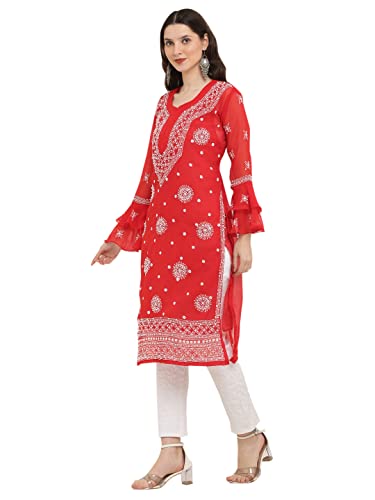 Image of FAWOMENT Women's Designer Georgette Straight Kurta with Hand Crafted Lucknowi Chikankari Embroiderey Emblemished Moti Work Along