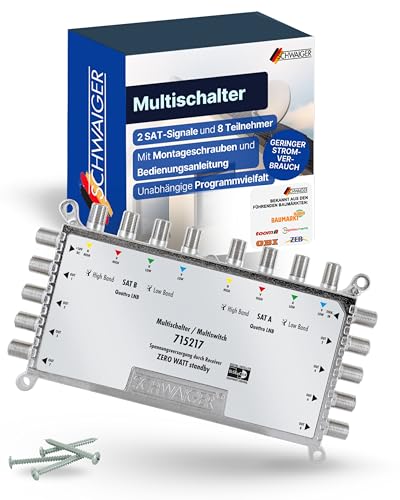 SCHWAIGER 5217 SAT Multischalter 2 auf 8 I SAT-Verteiler für 8 Teilnehmer I 8-Fach Verteiler für 2 Satellitensignale I energieeffizient & zuverlässig I Satelliten-Multiswitch aus Aluminium